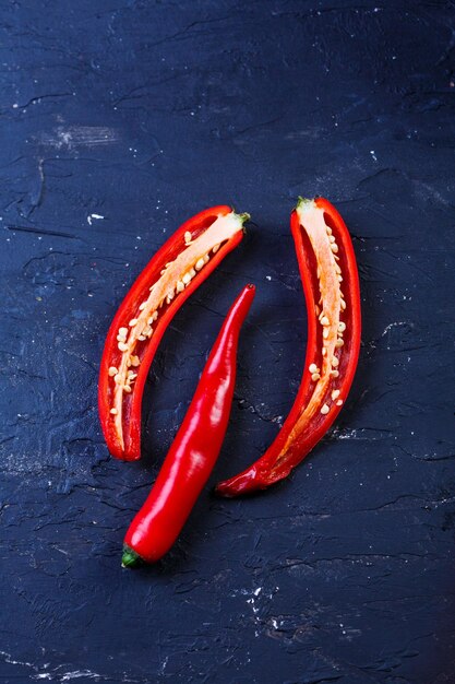 High angle view of red chili pepper on table