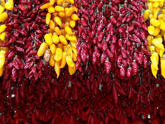 High angle view of red chili peppers for sale in market