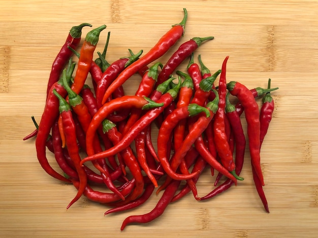 High angle view of red chili peppers on table