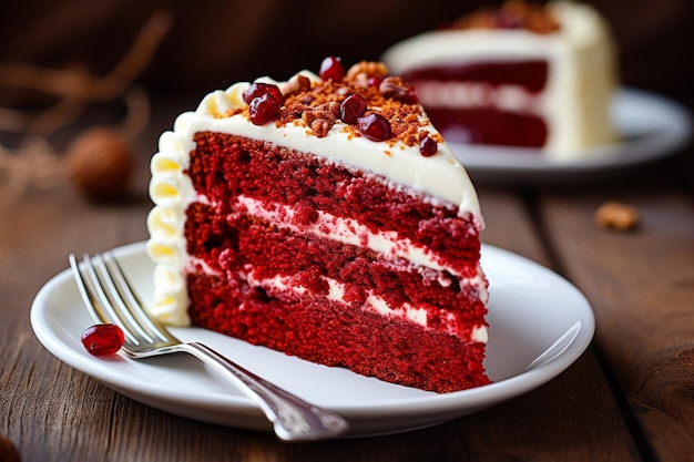 High angle view of red velvet cake slice served in plate