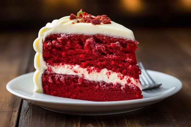 High angle view of red velvet cake slice served in plate