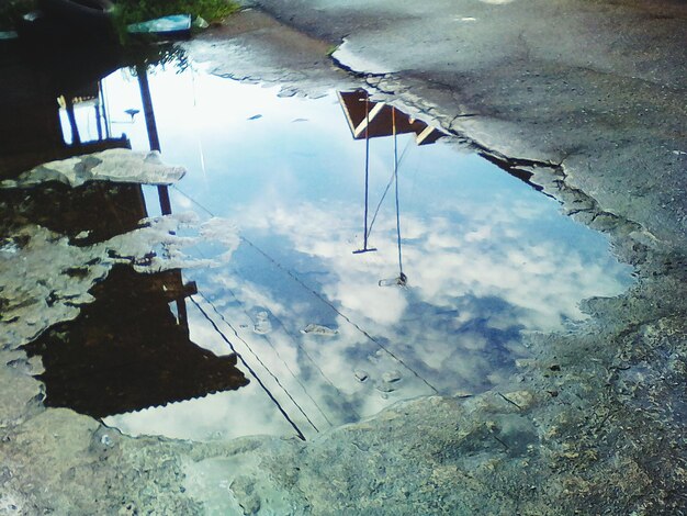 High angle view of reflection of mountains on water