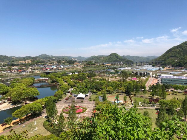 High angle view of river amidst buildings in city