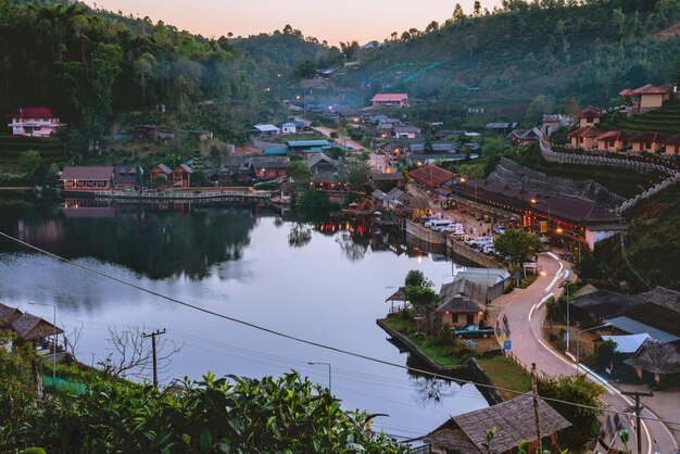 High angle view of river amidst buildings in city