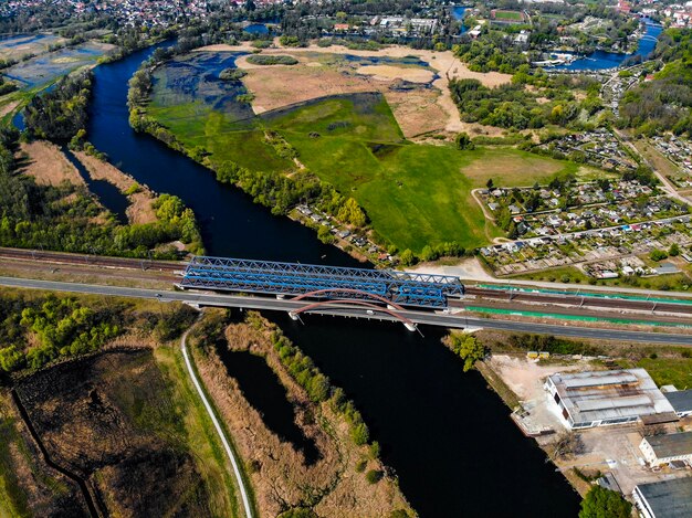 High angle view of river amidst field