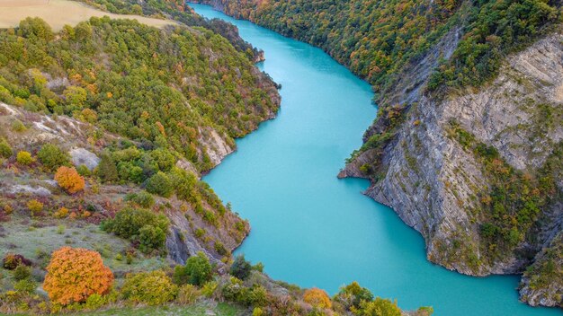 High angle view of river amidst trees during autumn