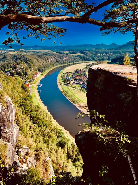 Foto vista ad alto angolo del fiume in mezzo agli alberi