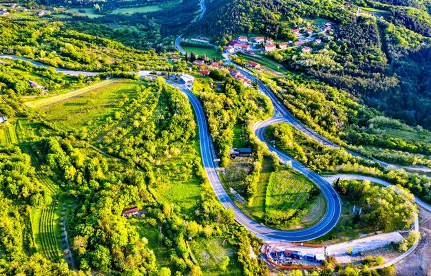 High angle view of road amidst trees in city