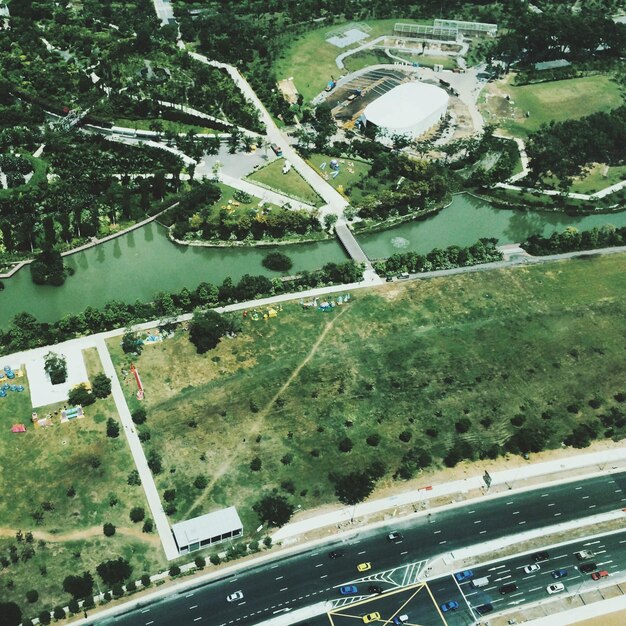 High angle view of road amidst trees