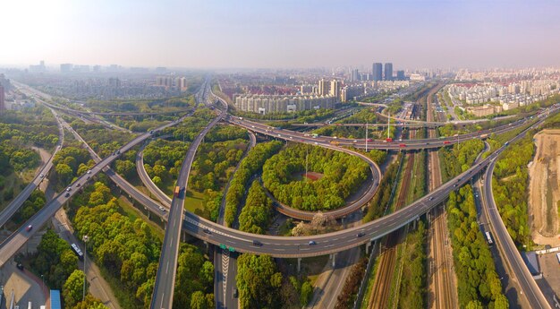 High angle view of road passing through city