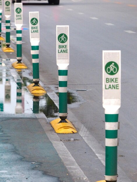 High angle view of road sign on street