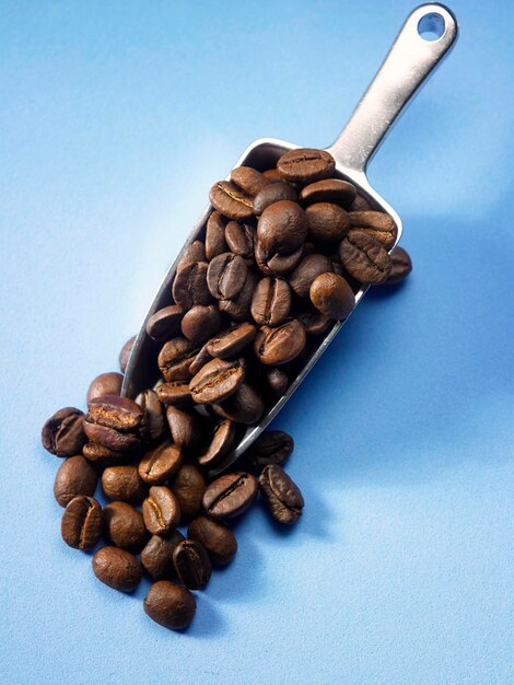 Photo high angle view of roasted coffee beans in spoon over blue background