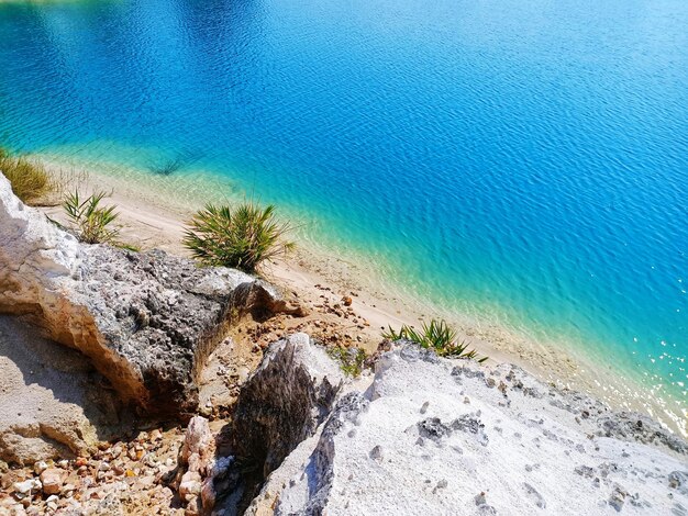 High angle view of rocks on beach