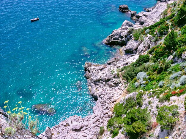 High angle view of rocks on beach