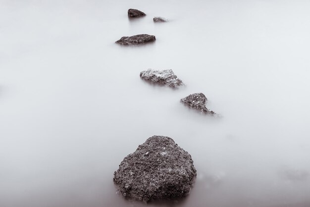 High angle view of rocks in lake