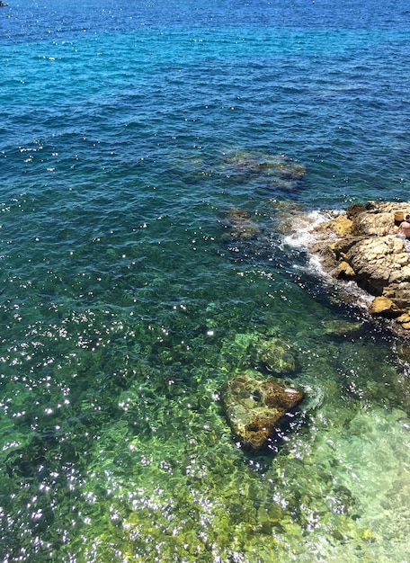 high angle view of rocks in sea