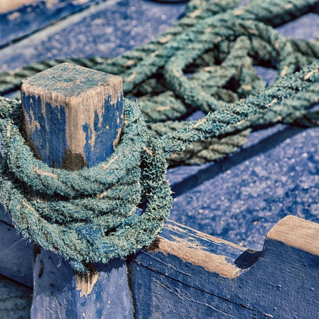 High angle view of ropes on pier