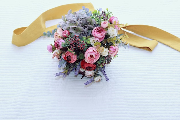 High angle view of rose bouquet on table