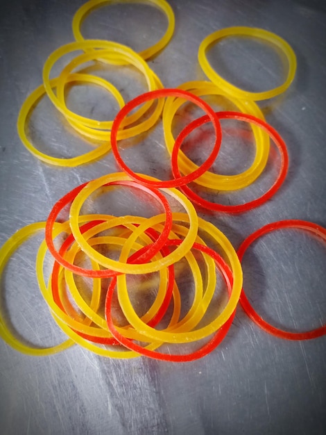 High angle view of rubber bands on table