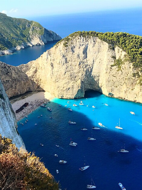 High angle view of sailboat on sea shore