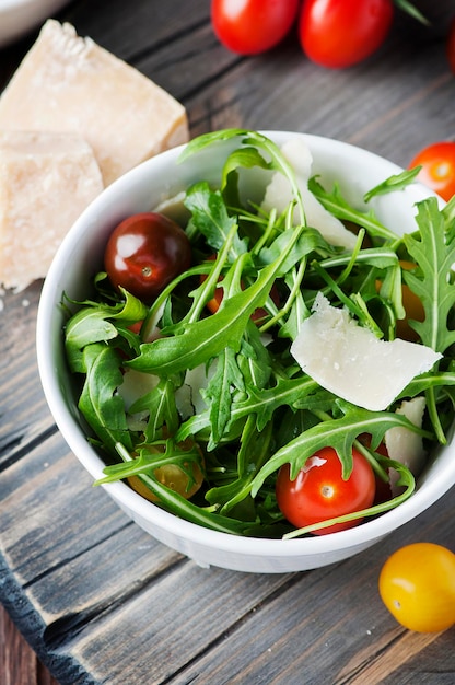 High angle view of salad in bowl on table