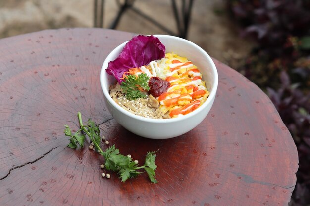 High angle view of salad in bowl on table