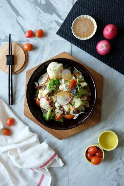 High angle view of salad in bowl on table