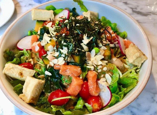 High angle view of salad in bowl on table