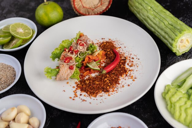 High angle view of salad in bowl on table