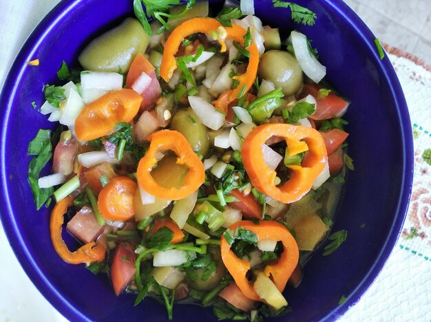 High angle view of salad in bowl on table