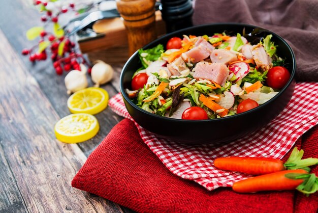 High angle view of salad in bowl on table