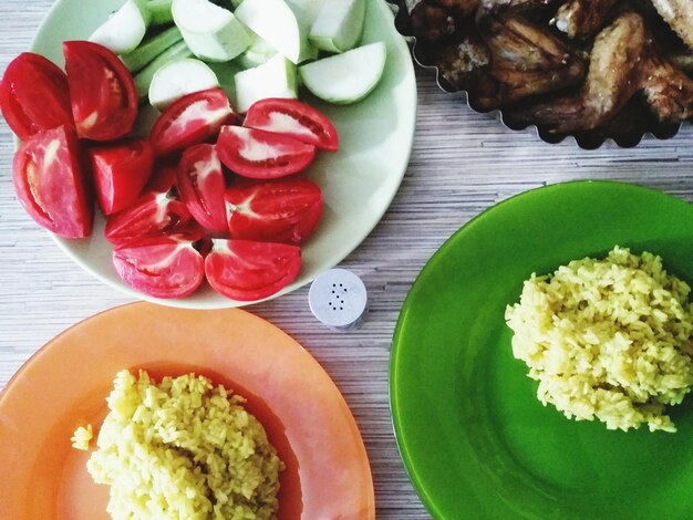 High angle view of salad in plate on table