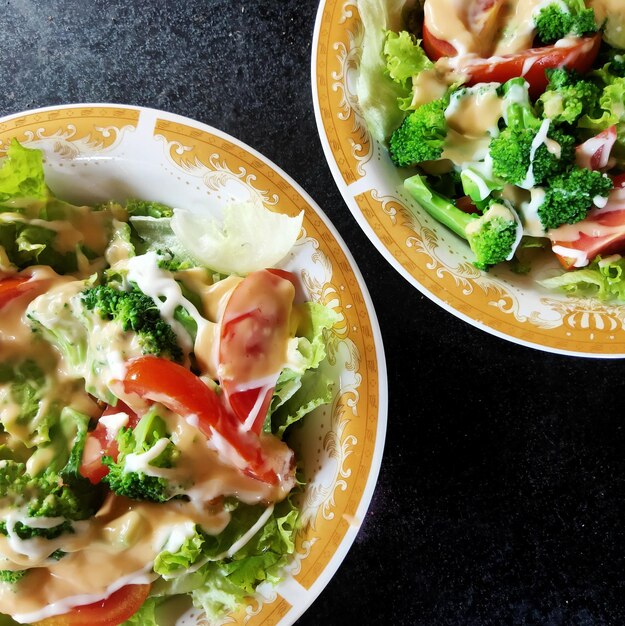 High angle view of salad in plate on table