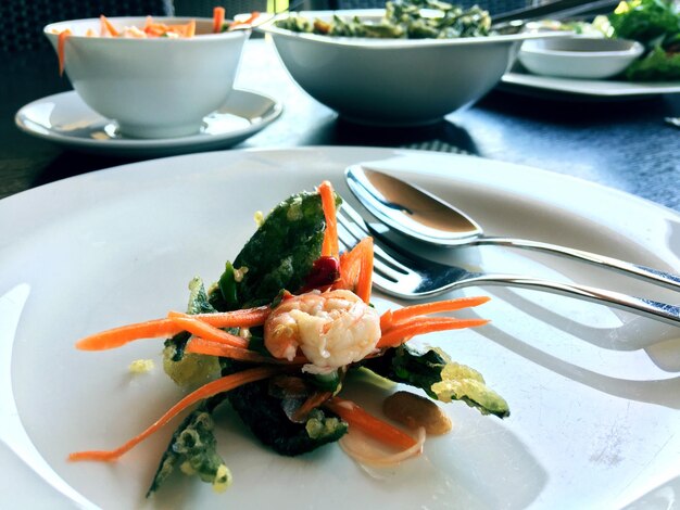 High angle view of salad in plate on table