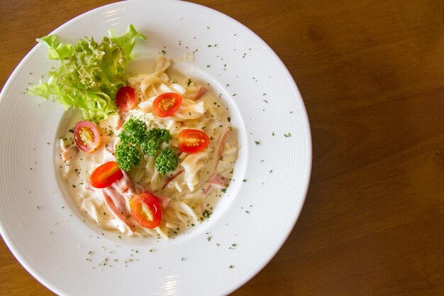 High angle view of salad in plate on table