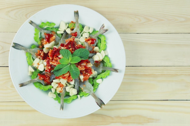 High angle view of salad served in bowl on table