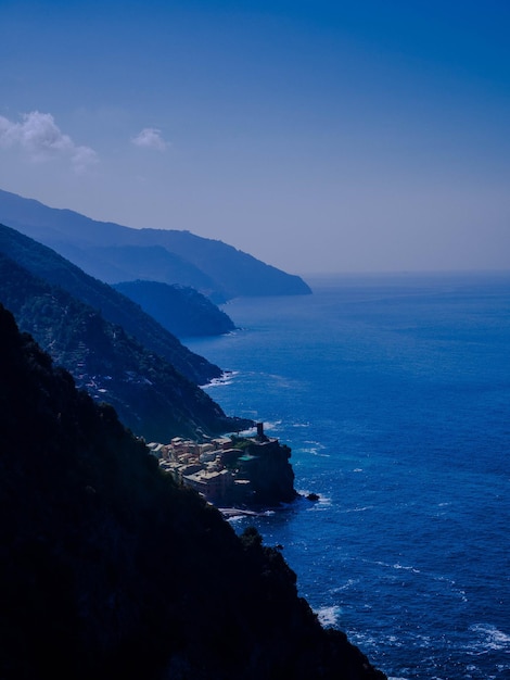 High angle view of sea against blue sky