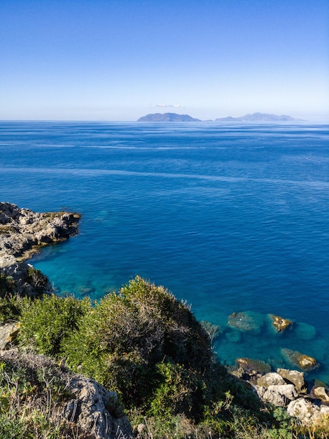 High angle view of sea against clear sky