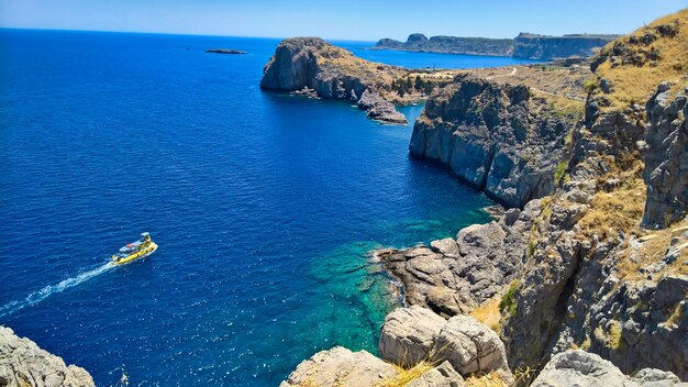 High angle view of sea and rocks