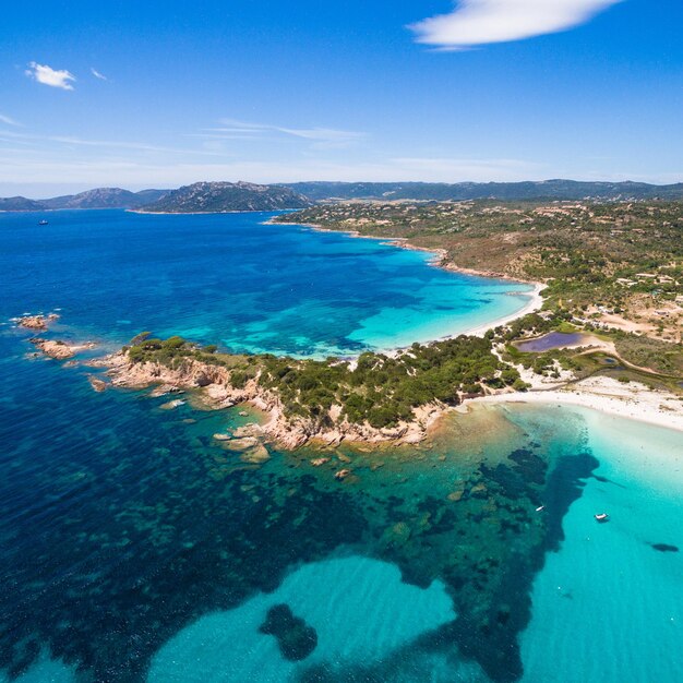 High angle view of sea and shore against sky