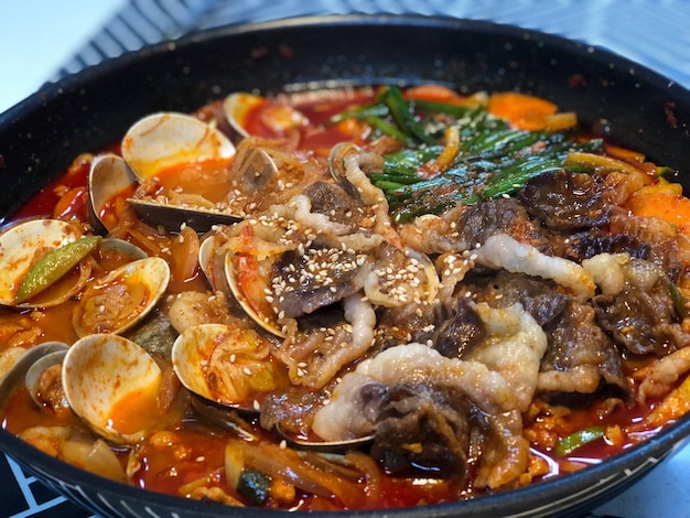 High angle view of seafood in bowl on table