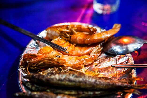 High angle view of seafood in plate on table