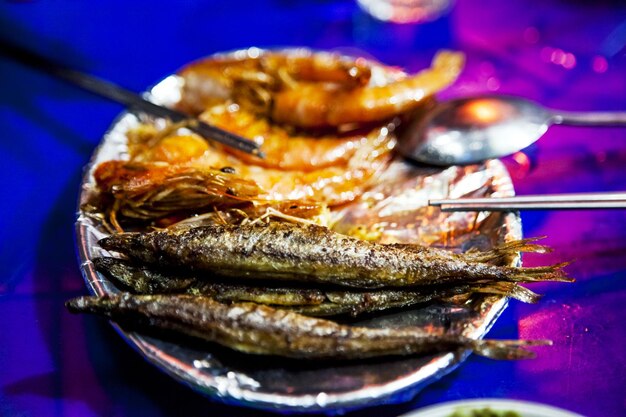 High angle view of seafood in plate on table