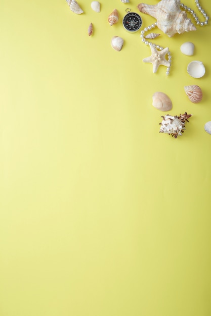 High Angle View Of Seashells By Binoculars And Jewelry Over Yellow 