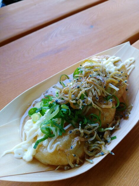 High angle view of serving food in plate