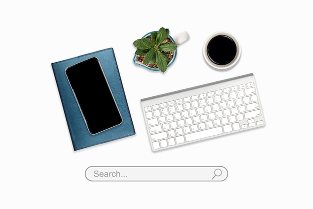 High angle view of a setting table with digital equipment and\
accessories of business workplace on modern background