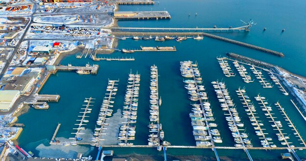 High angle view of ship moored at harbor