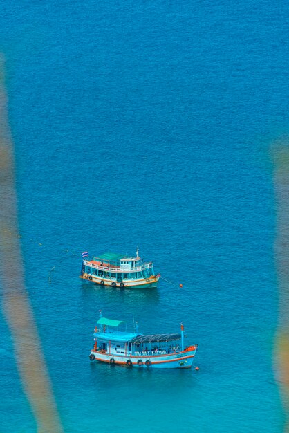 High angle view of ship sailing in sea