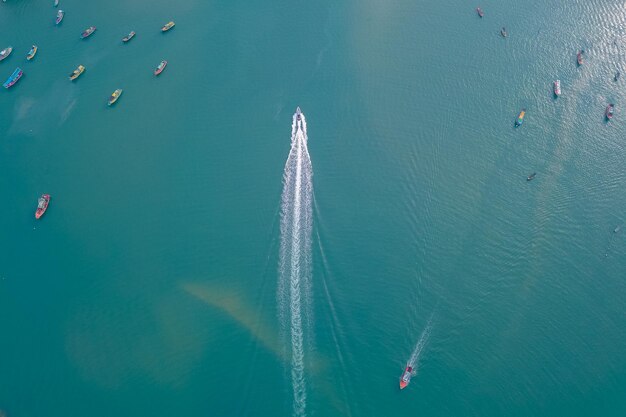 High angle view of ship in sea