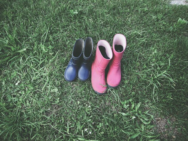 High angle view of shoes on grass